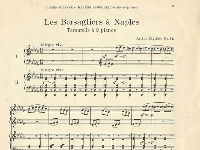 Tarantela brilhante Les Bersagliers à Naples de Artur Napoleão. Tratada em conferência concerto promovida pelo movimento Nova Difusão em São Paulo, em 1970. Em 1982, foi executada na Europa no âmbito do Fórum de Música Alemanha-Brasil. Pesquisas de A.A.Bispo da década de 1960